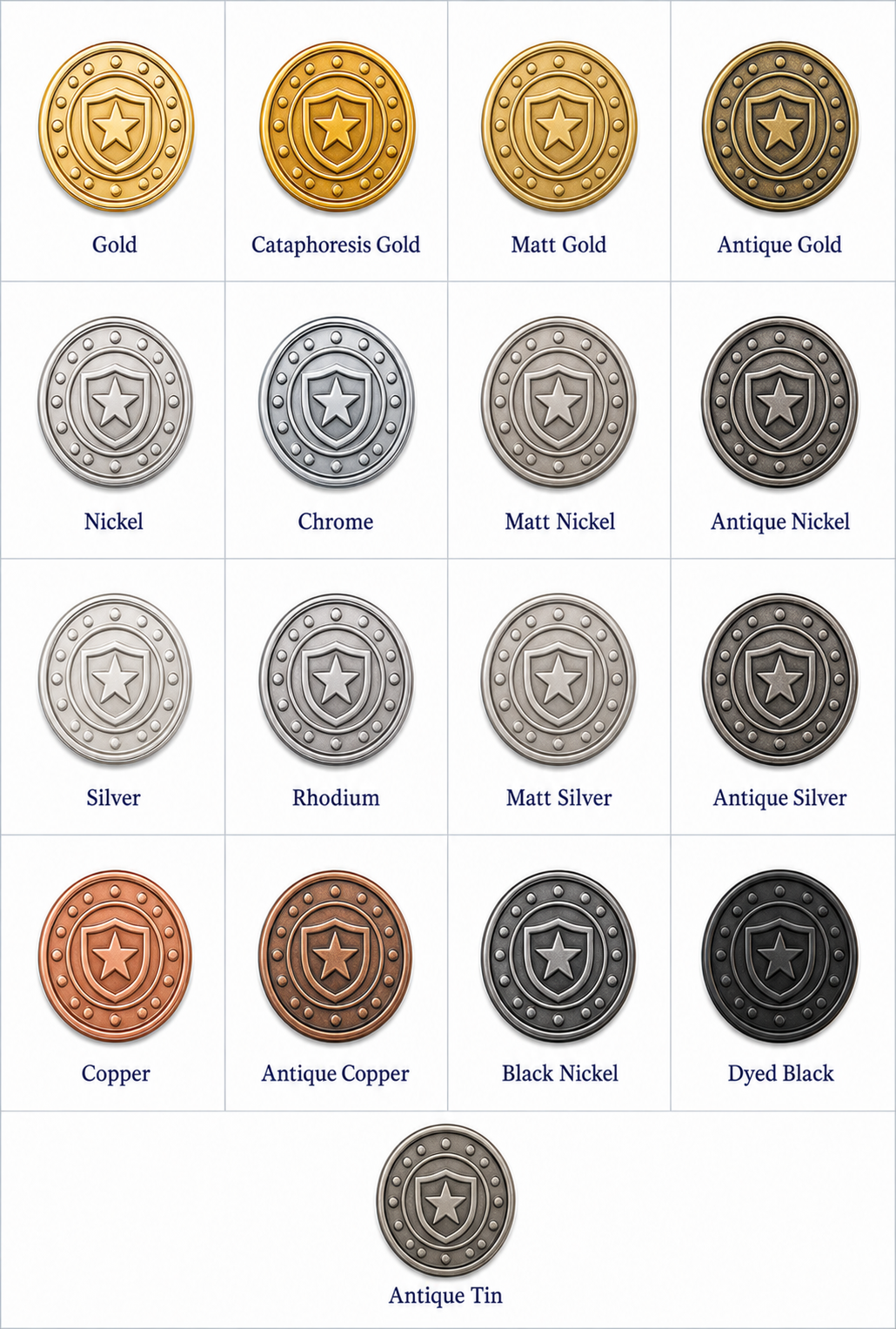 Reference chart showing the available challenge coin plating finishes